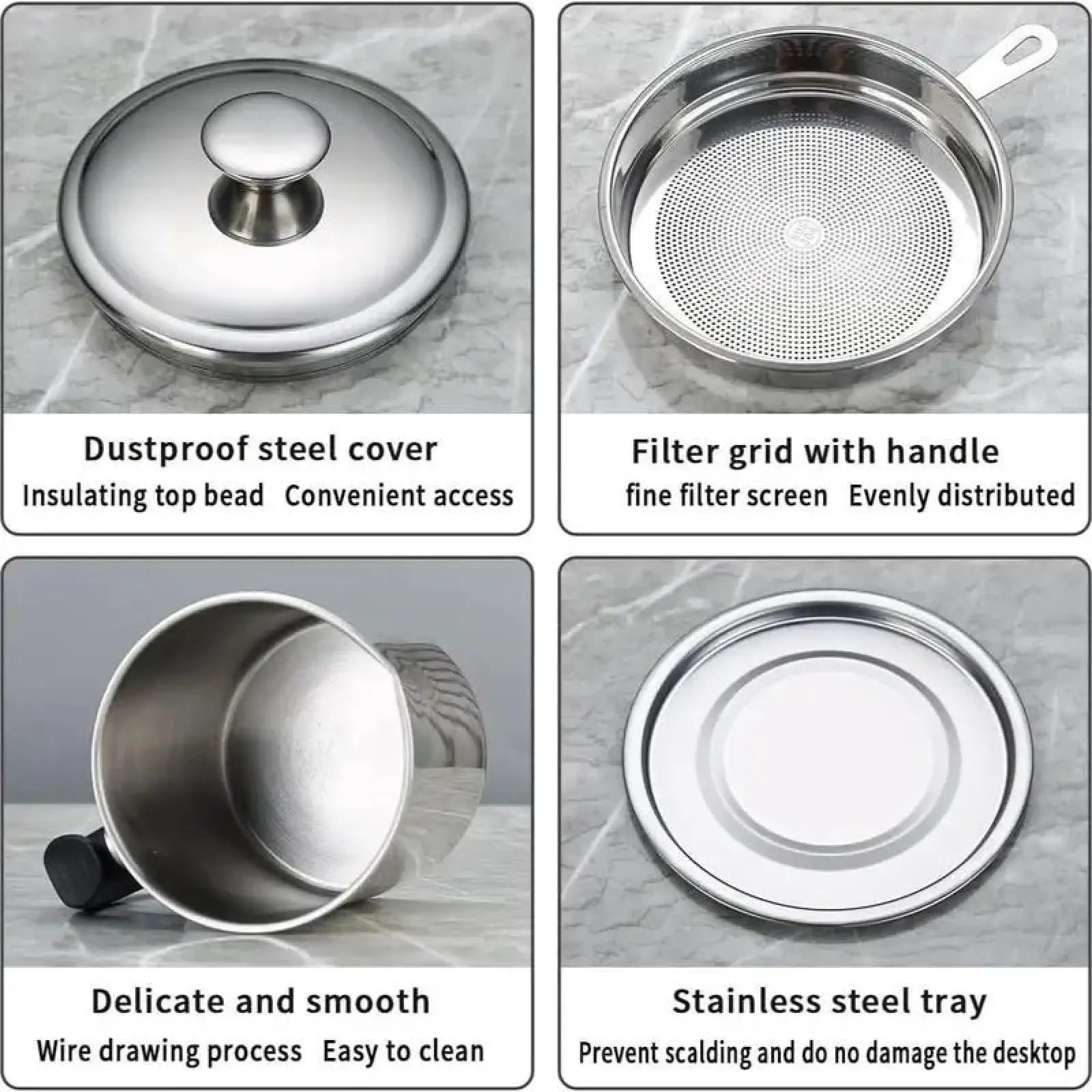 Modern Stainless Steel Oil Dispenser with Tray and Lid, Includes Filter, Ideal for Bacon Grease and Cooking Oil Storage, Kitchenware and Utensils