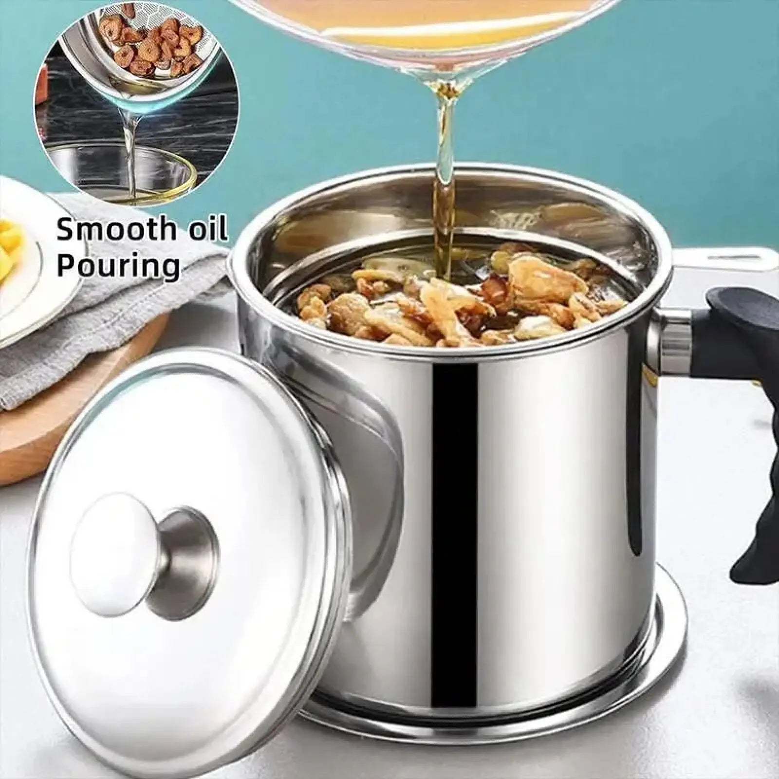 Modern Stainless Steel Oil Dispenser with Tray and Lid, Includes Filter, Ideal for Bacon Grease and Cooking Oil Storage, Kitchenware and Utensils