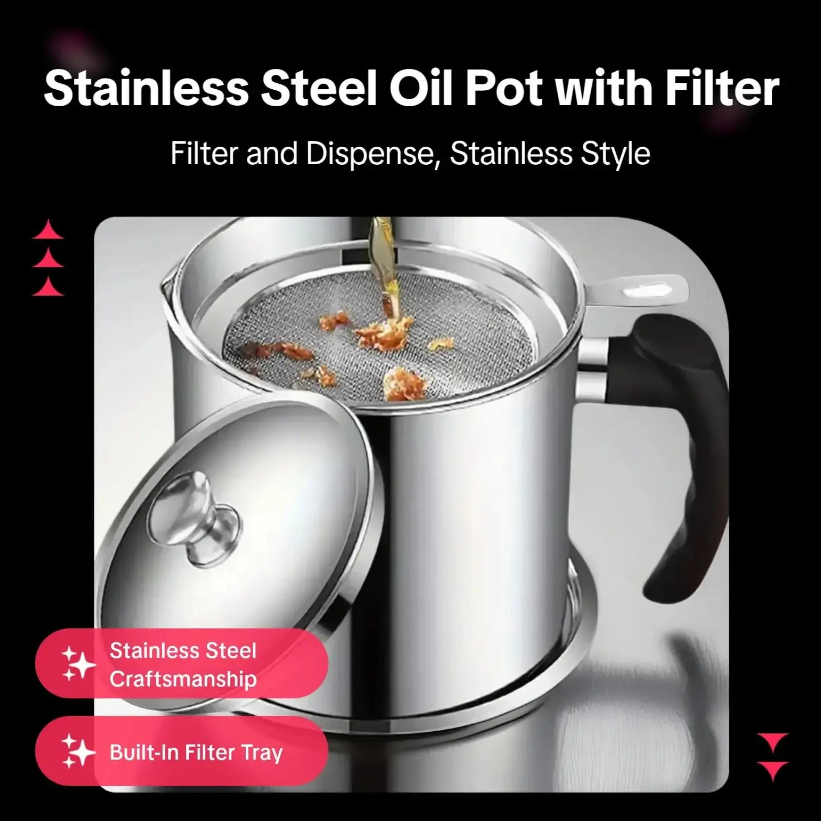 Modern Stainless Steel Oil Dispenser with Tray and Lid, Includes Filter, Ideal for Bacon Grease and Cooking Oil Storage, Kitchenware and Utensils